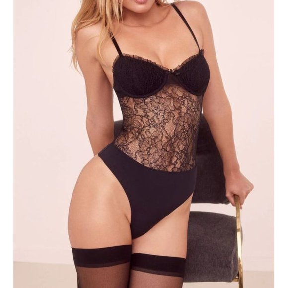 For Love & Lemons Stardust Bodysuit Black Lace Sheer Sweetheart Bustier Cut-Outs - Picture 1 of 8